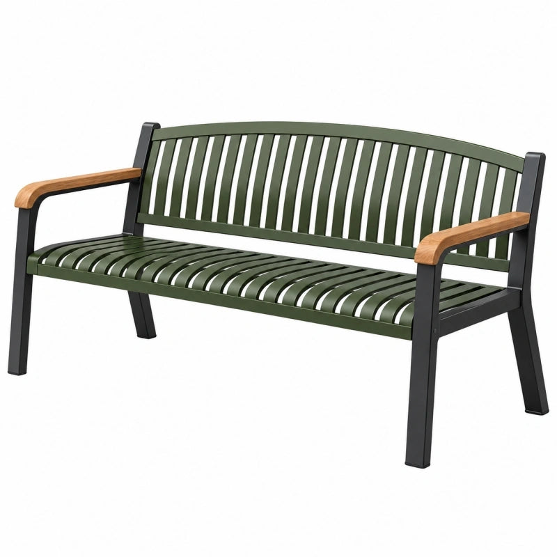 Gartenbank 150 x 65 x 85 cm aus Stahl und Holz Grün Schwarz für Außenbereiche mit Armlehnen