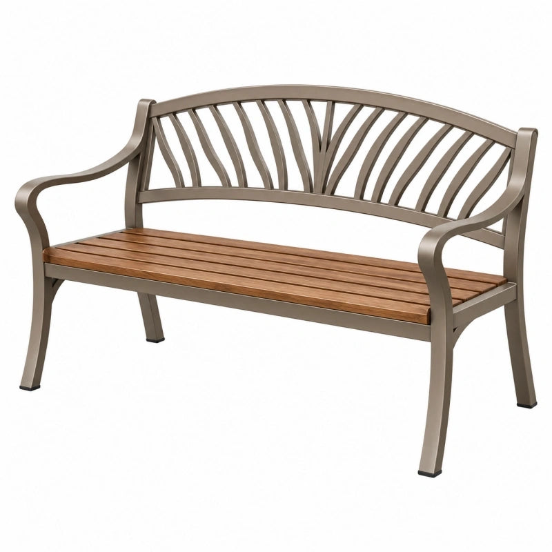 Gartenbank 127 cm Metall Holz Braun Grau mit geschwungener Rückenlehne