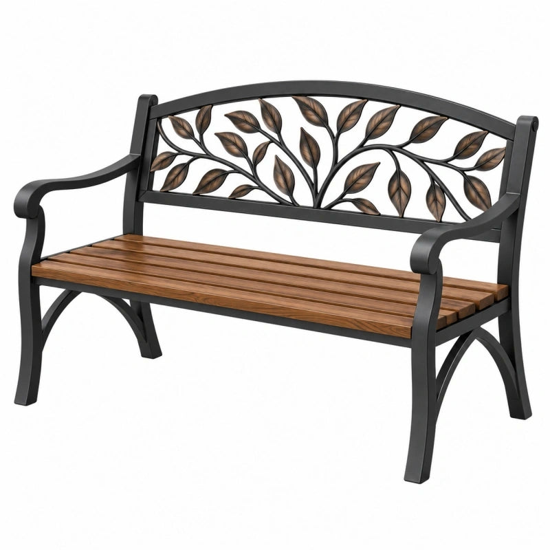 Gartenbank 122 cm Metall Holz Braun Schwarz mit Blattmotiv