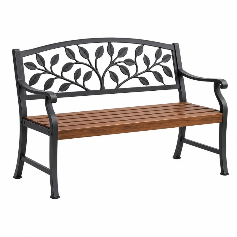 Gartenbank 122 x 60 x 90 cm aus Metall und Holz Braun Schwarz mit Rückenlehne Blattmuster