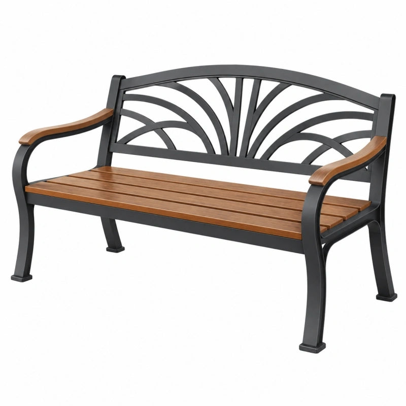 Gartenbank 122 x 61 x 88 cm aus Metall und Holz Schwarz/Braun mit dekorativer Rückenlehne