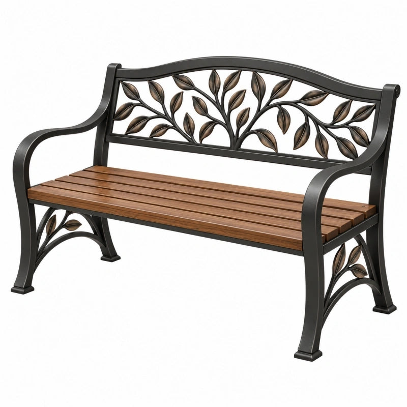 Gartenbank 122 x 62 x 89 cm Metall Holz Braun Schwarz mit Blattmotiv