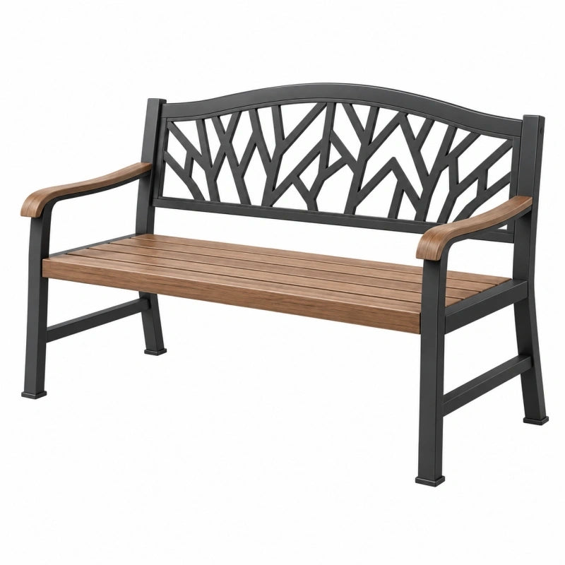 Gartenbank 122 x 63 x 86 cm aus Metall und Holz in Schwarz Braun mit Rückenlehne im modernen Stil