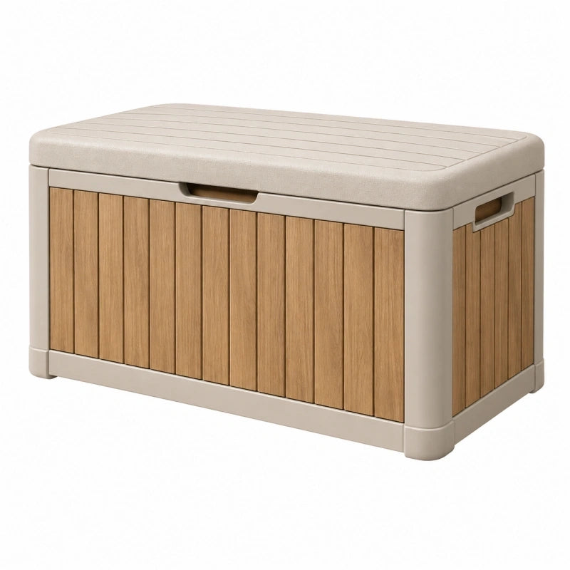 Outdoor Aufbewahrungsbox 120 x 55 x 60 cm aus Kunststoff Beige Braun in Holzoptik mit Sitzfläche