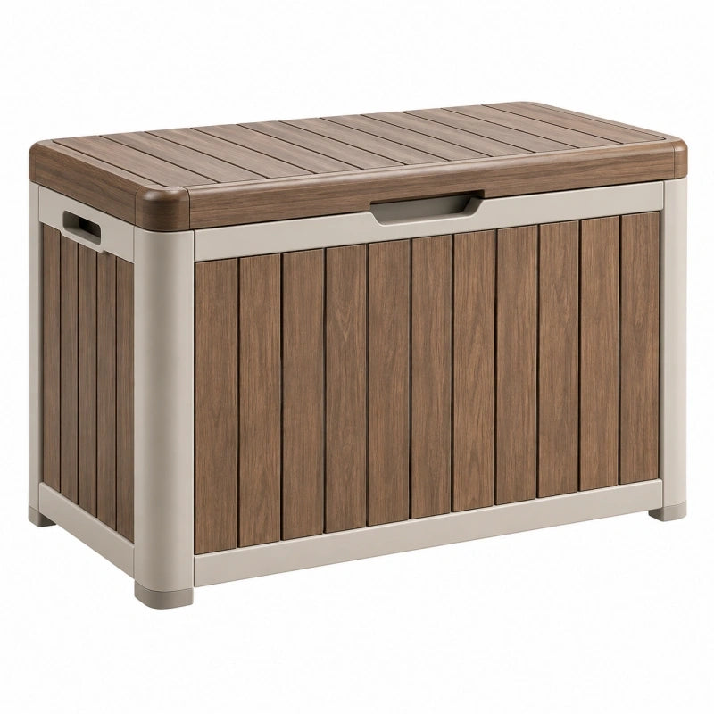 Auflagenbox 120 x 60 x 63 cm Kunststoff Holzoptik Braun Beige mit Klappdeckel