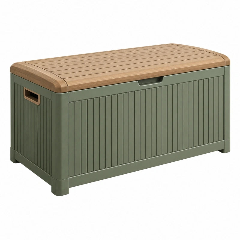 Aufbewahrungsbank 120 x 55 x 60 cm Kunststoff Grün Braun Holzoptik mit Deckel für Garten
