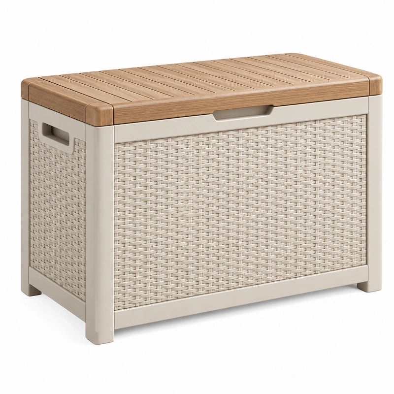 Aufbewahrungsbox 90 x 50 x 55 cm Kunststoff Beige/Braun mit Deckel in Holzoptik für Garten und Terrasse