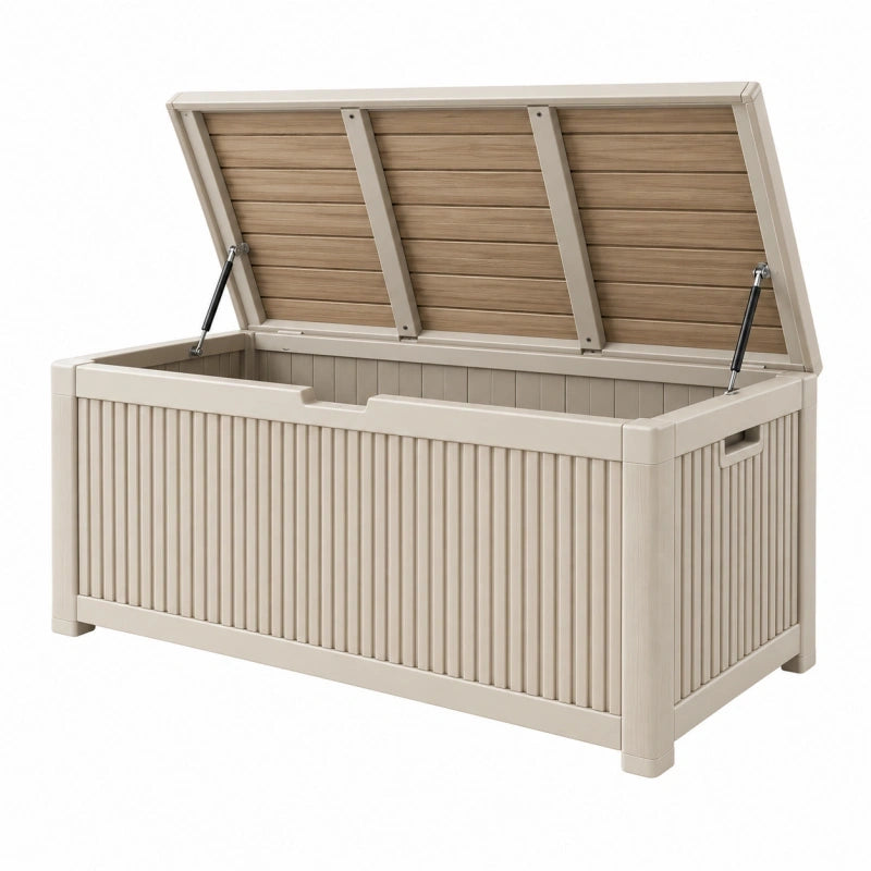 Auflagenbox 120 x 55 x 60 cm aus Kunststoff Beige mit Klappdeckel für den Außenbereich