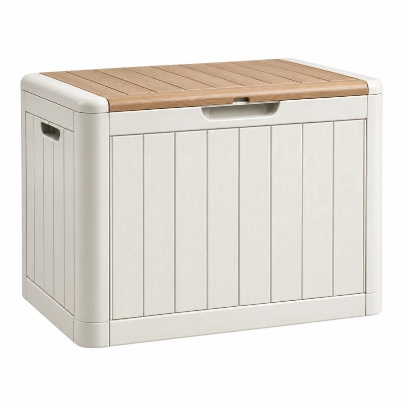 Garten-Aufbewahrungsbox 80 x 50 x 50 cm Kunststoff Weiß/Holzoptik mit Deckel