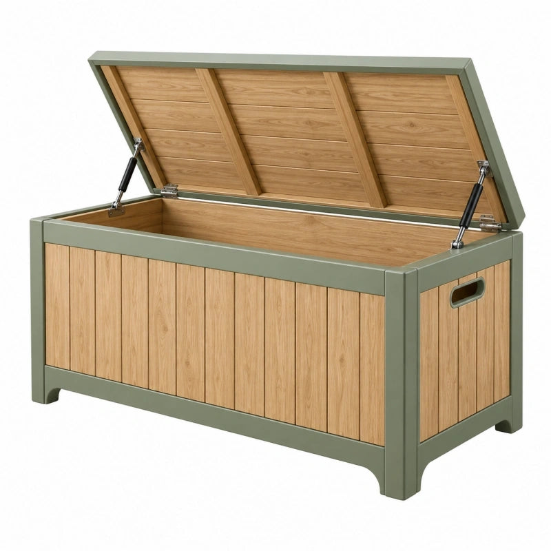 Garten-Aufbewahrungstruhe 120 x 60 x 65 cm Holz und Metall Grün/Natur mit Klappdeckel