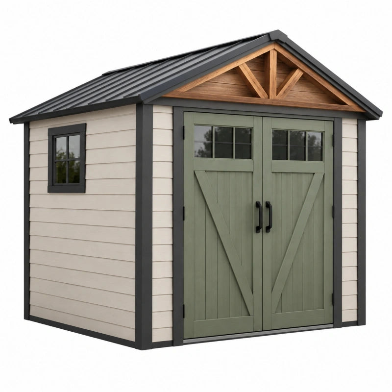 Geräteschuppen 240 x 180 x 220 cm aus Holz und Metall in Beige Grün - Gartenhaus mit Doppeltür