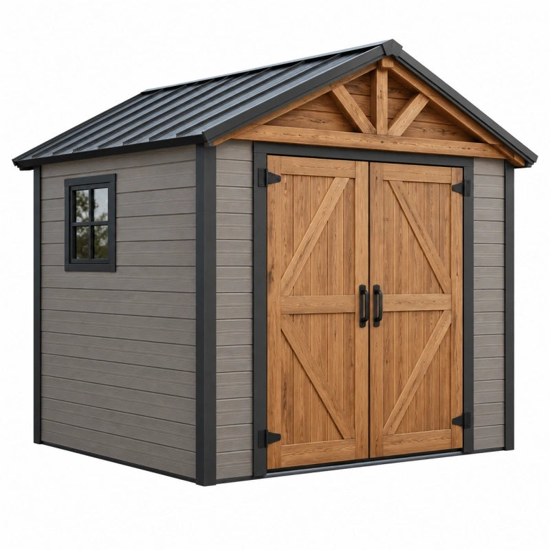 Gartenhaus 240 x 180 x 220 cm Holz und Metall Grau Naturholz - Doppeltür Fenster Satteldach