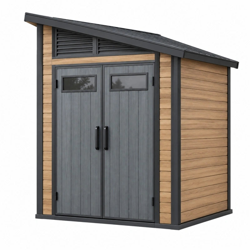 Gartengerätehaus 190 x 120 x 180 cm aus Kunststoff Anthrazit/Holzbraun mit Doppeltür und Satteldach
